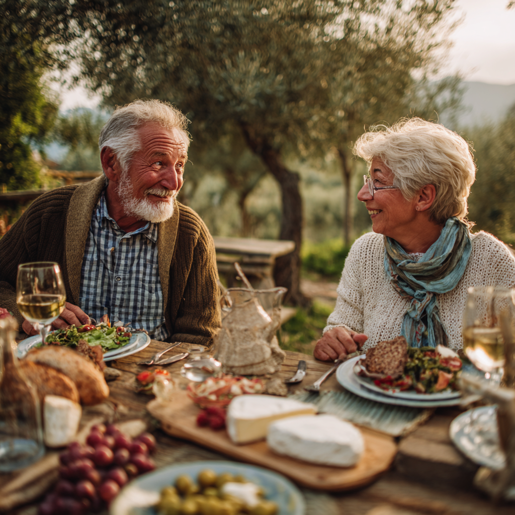 Older adults engaging in gentle outdoor activities and enjoying nutritious food together in a peaceful setting